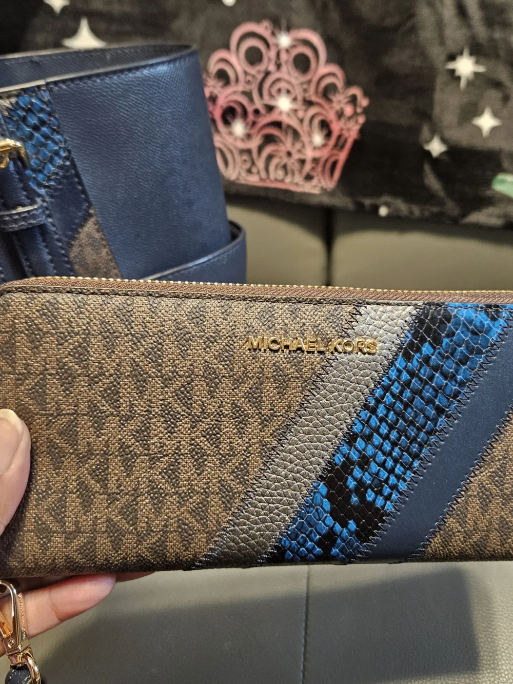 Michael Kors Blue and Brown Signature Tote with Snake-Print Accent And Wallet